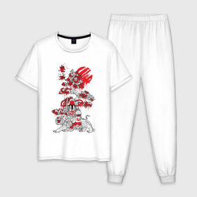 Мужская пижама хлопок с принтом Япония в Екатеринбурге, 100% хлопок | брюки и футболка прямого кроя, без карманов, на брюках мягкая резинка на поясе и по низу штанин
 | Тематика изображения на принте: japan | tiger | азия | буддизм | дерево | иероглиф | иероглифы | император | кимоно | краска | рисунок | сакура | самурай | солнце | терракота | тигр | хищник | япония | японский воин