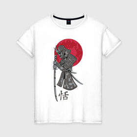 Женская футболка хлопок с принтом Самурай в Екатеринбурге, 100% хлопок | прямой крой, круглый вырез горловины, длина до линии бедер, слегка спущенное плечо | japan | katana | moon | samurai | воин | воин самурай | доспехи | доспехи самурая | иероглиф | иероглифы | ироглиф | катана | луна | меч | нагабакама | рисунок | самурай | самурайское кимоно | солнце | хакама