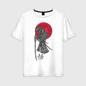 Женская футболка хлопок Oversize с принтом Самурай в Екатеринбурге, 100% хлопок | свободный крой, круглый ворот, спущенный рукав, длина до линии бедер
 | japan | katana | moon | samurai | воин | воин самурай | доспехи | доспехи самурая | иероглиф | иероглифы | ироглиф | катана | луна | меч | нагабакама | рисунок | самурай | самурайское кимоно | солнце | хакама