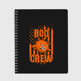 Тетрадь с принтом Boo Crew (covid19) в Екатеринбурге, 100% бумага | 48 листов, плотность листов — 60 г/м2, плотность картонной обложки — 250 г/м2. Листы скреплены сбоку удобной пружинной спиралью. Уголки страниц и обложки скругленные. Цвет линий — светло-серый
 | 19 | america | boo | cat | covid | covid 19 | covid19 | ghost | halloween | monster | ncov | zombie | америка | бу | вирус | кладбище | коронавирус | монстр | монстры | приведение | приведения | призрак | призраки | тыква | хэллоу