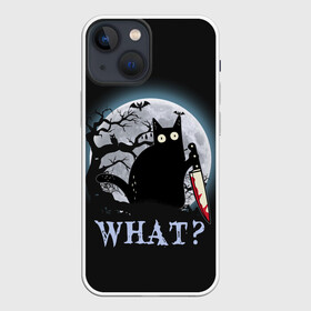 Чехол для iPhone 13 mini с принтом What Cat (Halloween) в Екатеринбурге,  |  | cat | cats | halloween | what | кот | котенок | коты | котяра | кошак | кошка | нож | пушистый | хэллоуин | что