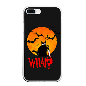 Чехол для iPhone 7Plus/8 Plus матовый с принтом What Cat (Halloween) в Екатеринбурге, Силикон | Область печати: задняя сторона чехла, без боковых панелей | Тематика изображения на принте: cat | cats | halloween | moon | what | кот | котенок | коты | котяра | кошак | кошка | летучая | луна | мышь | нож | пушистый | хэллоуин | что