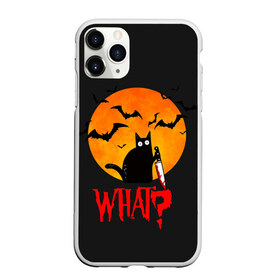 Чехол для iPhone 11 Pro Max матовый с принтом What Cat (Halloween) в Екатеринбурге, Силикон |  | Тематика изображения на принте: cat | cats | halloween | moon | what | кот | котенок | коты | котяра | кошак | кошка | летучая | луна | мышь | нож | пушистый | хэллоуин | что