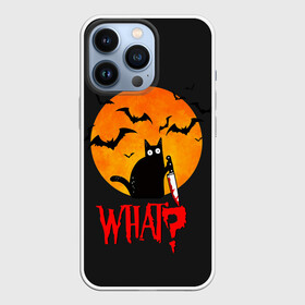 Чехол для iPhone 13 Pro с принтом What Cat (Halloween) в Екатеринбурге,  |  | cat | cats | halloween | moon | what | кот | котенок | коты | котяра | кошак | кошка | летучая | луна | мышь | нож | пушистый | хэллоуин | что