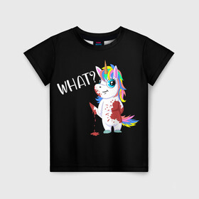 Детская футболка 3D с принтом What Unicorn в Екатеринбурге, 100% гипоаллергенный полиэфир | прямой крой, круглый вырез горловины, длина до линии бедер, чуть спущенное плечо, ткань немного тянется | cat | halloween | rainbow | unicorn | what | единорог | единорожек | кот | нож | пушистый | радуга | радужный | хэллоуин | что