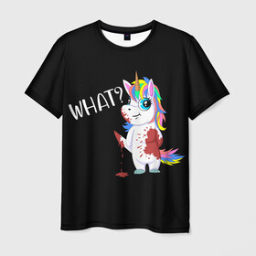 Мужская футболка 3D с принтом What Unicorn в Екатеринбурге, 100% полиэфир | прямой крой, круглый вырез горловины, длина до линии бедер | Тематика изображения на принте: cat | halloween | rainbow | unicorn | what | единорог | единорожек | кот | нож | пушистый | радуга | радужный | хэллоуин | что