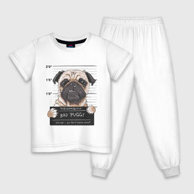 Детская пижама хлопок с принтом Bad Puggy в Екатеринбурге, 100% хлопок |  брюки и футболка прямого кроя, без карманов, на брюках мягкая резинка на поясе и по низу штанин
 | Тематика изображения на принте: animal | art | dog | nameplate | pug | арт | животное | мопс | собака | табличка