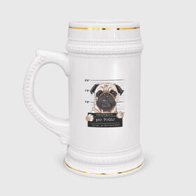 Кружка пивная с принтом Bad Puggy в Екатеринбурге,  керамика (Материал выдерживает высокую температуру, стоит избегать резкого перепада температур) |  объем 630 мл | animal | art | dog | nameplate | pug | арт | животное | мопс | собака | табличка