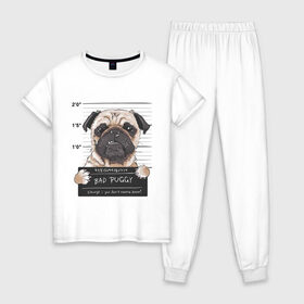 Женская пижама хлопок с принтом Bad Puggy в Екатеринбурге, 100% хлопок | брюки и футболка прямого кроя, без карманов, на брюках мягкая резинка на поясе и по низу штанин | animal | art | dog | nameplate | pug | арт | животное | мопс | собака | табличка