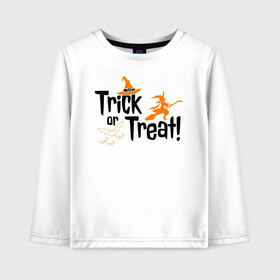 Детский лонгслив хлопок с принтом Trick or Treat! в Екатеринбурге, 100% хлопок | круглый вырез горловины, полуприлегающий силуэт, длина до линии бедер | 31 октября | halloween | halowen | ведьма | день всех святых | джек | костюм | кровь | лого | монстр | надпись | праздник | приведение | призрак | светильник | символ | страшная | тыква | ужасы | хеллоуин | хеллуин