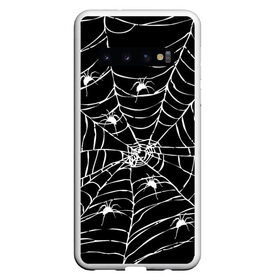 Чехол для Samsung Galaxy S10 с принтом Паутина с пауками в Екатеринбурге, Силикон | Область печати: задняя сторона чехла, без боковых панелей | black and white | darkness | halloween | horror | night | spider | web | готика | жуки | жуткий | мальчикам | насекомые | нечисть | нити | ночные | ночь | пауки | паутина | подарок | сетка | страшный | темный | тьма | хеллоуин | хоррор