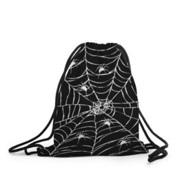 Рюкзак-мешок 3D с принтом Паутина с пауками в Екатеринбурге, 100% полиэстер | плотность ткани — 200 г/м2, размер — 35 х 45 см; лямки — толстые шнурки, застежка на шнуровке, без карманов и подкладки | black and white | darkness | halloween | horror | night | spider | web | готика | жуки | жуткий | мальчикам | насекомые | нечисть | нити | ночные | ночь | пауки | паутина | подарок | сетка | страшный | темный | тьма | хеллоуин | хоррор