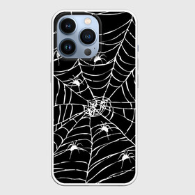 Чехол для iPhone 13 Pro с принтом Паутина с пауками в Екатеринбурге,  |  | black and white | darkness | halloween | horror | night | spider | web | готика | жуки | жуткий | мальчикам | насекомые | нечисть | нити | ночные | ночь | пауки | паутина | подарок | сетка | страшный | темный | тьма | хеллоуин | хоррор