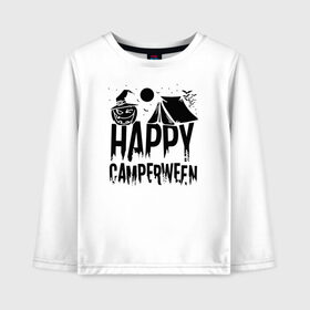 Детский лонгслив хлопок с принтом Happy camperween в Екатеринбурге, 100% хлопок | круглый вырез горловины, полуприлегающий силуэт, длина до линии бедер | 31 октября | halloween | halowen | ведьма | день всех святых | джек | костюм | кровь | лого | монстр | надпись | праздник | приведение | призрак | светильник | символ | страшная | тыква | ужасы | хеллоуин | хеллуин