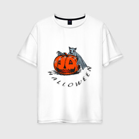 Женская футболка хлопок Oversize с принтом Bat and pumpkin-still life в Екатеринбурге, 100% хлопок | свободный крой, круглый ворот, спущенный рукав, длина до линии бедер
 | helloween | день всех святых | летучая мышь | тыква | хеллуин