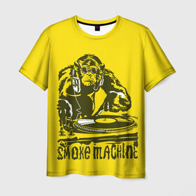 Мужская футболка 3D с принтом Дым машина в Екатеринбурге, 100% полиэфир | прямой крой, круглый вырез горловины, длина до линии бедер | Тематика изображения на принте: винила | дискотека. | дым машина | клубная музыка | обезьяна за диск жокей | шимпанзе диджей