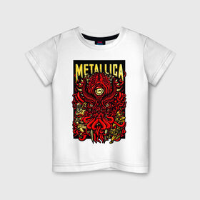 Детская футболка хлопок с принтом Metallica в Екатеринбурге, 100% хлопок | круглый вырез горловины, полуприлегающий силуэт, длина до линии бедер | Тематика изображения на принте: fangs | group | horns | metallica | neon | octopus | thrash metal | группа | клыки | неон | рога | спрут | трэш металл