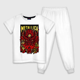 Детская пижама хлопок с принтом Metallica в Екатеринбурге, 100% хлопок |  брюки и футболка прямого кроя, без карманов, на брюках мягкая резинка на поясе и по низу штанин
 | Тематика изображения на принте: fangs | group | horns | metallica | neon | octopus | thrash metal | группа | клыки | неон | рога | спрут | трэш металл