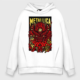 Мужское худи Oversize хлопок с принтом Metallica в Екатеринбурге, френч-терри — 70% хлопок, 30% полиэстер. Мягкий теплый начес внутри —100% хлопок | боковые карманы, эластичные манжеты и нижняя кромка, капюшон на магнитной кнопке | fangs | group | horns | metallica | neon | octopus | thrash metal | группа | клыки | неон | рога | спрут | трэш металл