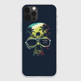 Чехол для iPhone 12 Pro Max с принтом Череп в тропиках в Екатеринбурге, Силикон |  | буквы | джунгли | иностранные | кость | надписи | очки | пальмы | разноцветные | ретро | рисунок | смотри в глаза | текст | темная | тропики | цветная | череп | череп в очках