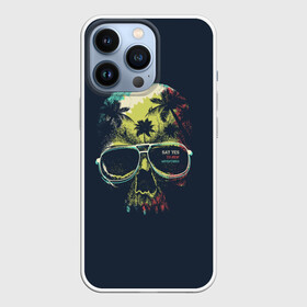 Чехол для iPhone 13 Pro с принтом Череп в тропиках в Екатеринбурге,  |  | буквы | джунгли | иностранные | кость | надписи | очки | пальмы | разноцветные | ретро | рисунок | смотри в глаза | текст | темная | тропики | цветная | череп | череп в очках