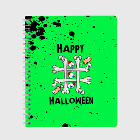 Тетрадь с принтом Halloween в Екатеринбурге, 100% бумага | 48 листов, плотность листов — 60 г/м2, плотность картонной обложки — 250 г/м2. Листы скреплены сбоку удобной пружинной спиралью. Уголки страниц и обложки скругленные. Цвет линий — светло-серый
 | 31 октября | halloween | halowen | ведьма | день всех святых | джек | костюм | кровь | лого | монстр | надпись | праздник | приведение | призрак | светильник | символ | страшная | тыква | ужасы | хеллоуин | хеллуин