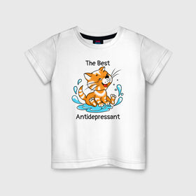 Детская футболка хлопок с принтом Antidepressant - кот Рыжик в Екатеринбурге, 100% хлопок | круглый вырез горловины, полуприлегающий силуэт, длина до линии бедер | Тематика изображения на принте: antidepressant | cat | антидепрессант | веселый кот | кот | рыжий кот