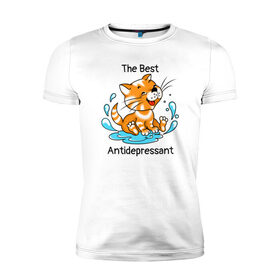 Мужская футболка хлопок Slim с принтом Antidepressant - кот Рыжик в Екатеринбурге, 92% хлопок, 8% лайкра | приталенный силуэт, круглый вырез ворота, длина до линии бедра, короткий рукав | Тематика изображения на принте: antidepressant | cat | антидепрессант | веселый кот | кот | рыжий кот