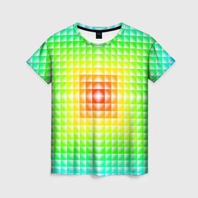 Женская футболка 3D с принтом Абстракция в Екатеринбурге, 100% полиэфир ( синтетическое хлопкоподобное полотно) | прямой крой, круглый вырез горловины, длина до линии бедер | абстрактные | абстрактный | абстракция | квадрат | квадраты | плитка | плитки | плиточки | светящиеся | яркие | яркий