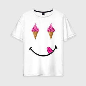 Женская футболка хлопок Oversize с принтом Мороженое в Екатеринбурге, 100% хлопок | свободный крой, круглый ворот, спущенный рукав, длина до линии бедер
 | brand | бренд | классика | летние | минимализм | модные | мордочка | мороженое | популярные иллюстрации | прикольные картинки | стиль | стильные | улыбка