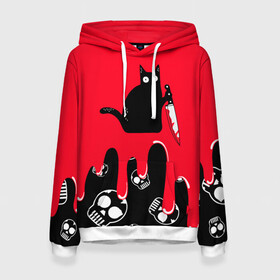Женская толстовка 3D с принтом WHAT CAT в Екатеринбурге, 100% полиэстер  | двухслойный капюшон со шнурком для регулировки, мягкие манжеты на рукавах и по низу толстовки, спереди карман-кенгуру с мягким внутренним слоем. | art | black | black cat | cat | dark | dark cat | halloween | what | what cat | what mem | арт | кот | кот арт | кот мем | мем | нож | праздник | прикол | прикольный кот | убица | хэллоуин | чёрный | чёрный кот | что | что мем