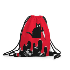 Рюкзак-мешок 3D с принтом WHAT CAT в Екатеринбурге, 100% полиэстер | плотность ткани — 200 г/м2, размер — 35 х 45 см; лямки — толстые шнурки, застежка на шнуровке, без карманов и подкладки | art | black | black cat | cat | dark | dark cat | halloween | what | what cat | what mem | арт | кот | кот арт | кот мем | мем | нож | праздник | прикол | прикольный кот | убица | хэллоуин | чёрный | чёрный кот | что | что мем