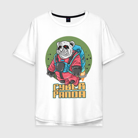 Мужская футболка хлопок Oversize с принтом Кибер Панда в Екатеринбурге, 100% хлопок | свободный крой, круглый ворот, “спинка” длиннее передней части | art | bear | costume | cyber | drawing | jetpack | panda | planet | арт | кибер | костюм | медведь | панда | планета | реактивный ранец | рисунок