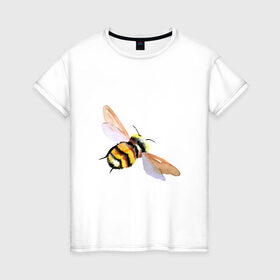 Женская футболка хлопок с принтом Шмель полосатый в Екатеринбурге, 100% хлопок | прямой крой, круглый вырез горловины, длина до линии бедер, слегка спущенное плечо | Тематика изображения на принте: акварель | желтый | крылья | летать | насекомое | полоски | природа | черный | шмель