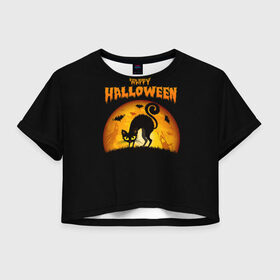 Женская футболка Crop-top 3D с принтом Helloween в Екатеринбурге, 100% полиэстер | круглая горловина, длина футболки до линии талии, рукава с отворотами | Тематика изображения на принте: halloween | ведьма | летучая мышь | полнолуние | привидение | призрак | тыква | хеллоуин | хелуин | хэллоин | хэллоуин | хэлоуин | хэлуин | черный кот