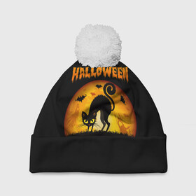 Шапка 3D c помпоном с принтом Helloween в Екатеринбурге, 100% полиэстер | универсальный размер, печать по всей поверхности изделия | halloween | ведьма | летучая мышь | полнолуние | привидение | призрак | тыква | хеллоуин | хелуин | хэллоин | хэллоуин | хэлоуин | хэлуин | черный кот