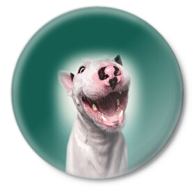 Значок с принтом Bully в Екатеринбурге,  металл | круглая форма, металлическая застежка в виде булавки | bull terrier | ears | eyes | fangs | jaw | muzzle | nose | smile | бультерьер | глаза | клыки | нос | пасть | улыбка | уши