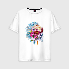 Женская футболка хлопок Oversize с принтом Вождь в Екатеринбурге, 100% хлопок | свободный крой, круглый ворот, спущенный рукав, длина до линии бедер
 | арт | белый | вектор | жёлтый | индеец | красный | перья | рисунок | синий | скелет | цветок | цветы | череп | яркие краски | яркие цвета