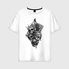 Женская футболка хлопок Oversize с принтом Охотник за королями в Екатеринбурге, 100% хлопок | свободный крой, круглый ворот, спущенный рукав, длина до линии бедер
 | арт | белый | вектор | зубы | карандаш | короли. связка черепов | король | корона | короны | рисунок | рисунок карандашом | череп | черепа | чёрный