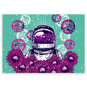 Поздравительная открытка с принтом Цветочный Астронавт в Екатеринбурге, 100% бумага | плотность бумаги 280 г/м2, матовая, на обратной стороне линовка и место для марки
 | astronaut | cosmonaut | daisy | floral | flowers | galaxy | helmet | peace | planet | planets | retro | space | spacesuit | suit | винтаж | галактика | космонавт | космос | мир | планета | планеты | ретро | ромашки | скафандр | цветок | цвет
