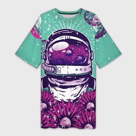Платье-футболка 3D с принтом Цветочный Астронавт в Екатеринбурге,  |  | astronaut | cosmonaut | daisy | floral | flowers | galaxy | helmet | peace | planet | planets | retro | space | spacesuit | suit | винтаж | галактика | космонавт | космос | мир | планета | планеты | ретро | ромашки | скафандр | цветок | цвет