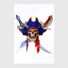 Магнитный плакат 2Х3 с принтом Грозный пират в Екатеринбурге, Полимерный материал с магнитным слоем | 6 деталей размером 9*9 см | арт | вектор | жёлтый | золотой | зубы | клыки | красный | пират | повязка | рисунок | синий | холодное оружие | череп | шпага | шпаги