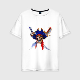 Женская футболка хлопок Oversize с принтом Грозный пират в Екатеринбурге, 100% хлопок | свободный крой, круглый ворот, спущенный рукав, длина до линии бедер
 | арт | вектор | жёлтый | золотой | зубы | клыки | красный | пират | повязка | рисунок | синий | холодное оружие | череп | шпага | шпаги