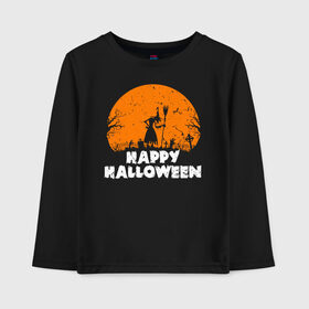 Детский лонгслив хлопок с принтом Happy Halloween в Екатеринбурге, 100% хлопок | круглый вырез горловины, полуприлегающий силуэт, длина до линии бедер | 31 октября | halloween | halowen | ведьма | день всех святых | джек | костюм | кровь | лого | монстр | надпись | праздник | приведение | призрак | светильник | символ | страшная | тыква | ужасы | хеллоуин | хеллуин