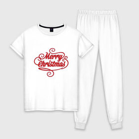 Женская пижама хлопок с принтом Merry Christmas 2 в Екатеринбурге, 100% хлопок | брюки и футболка прямого кроя, без карманов, на брюках мягкая резинка на поясе и по низу штанин | 