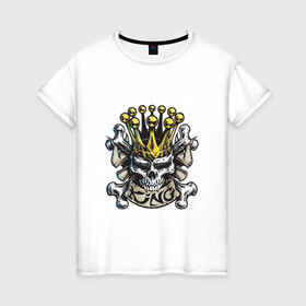 Женская футболка хлопок с принтом Король в Екатеринбурге, 100% хлопок | прямой крой, круглый вырез горловины, длина до линии бедер, слегка спущенное плечо | арт | белый | вектор | жёлтый | золотой | зубы | король | корона | кости | пират | рисунок | череп | чёрный