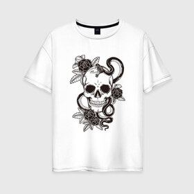 Женская футболка хлопок Oversize с принтом Змеиная роза в Екатеринбурге, 100% хлопок | свободный крой, круглый ворот, спущенный рукав, длина до линии бедер
 | арт | белый | вектор | змеи | змея | зубы | рисунок | роза | розы | тату | цветок | цветы | череп | чёрный