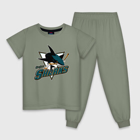 Детская пижама хлопок с принтом Сан-Хосе Шаркс в Екатеринбурге, 100% хлопок |  брюки и футболка прямого кроя, без карманов, на брюках мягкая резинка на поясе и по низу штанин
 | Тематика изображения на принте: hockey | nhl | san jose | san jose sharks | sharks | usa | нхл | сан хосе | сан хосе шаркс | спорт | сша | хоккей | шайба | шаркс