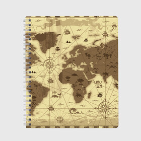Тетрадь с принтом Карта мира в Екатеринбурге, 100% бумага | 48 листов, плотность листов — 60 г/м2, плотность картонной обложки — 250 г/м2. Листы скреплены сбоку удобной пружинной спиралью. Уголки страниц и обложки скругленные. Цвет линий — светло-серый
 | Тематика изображения на принте: география | карта | карта мира | корабли | моряки