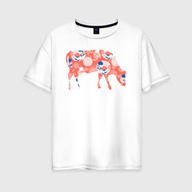 Женская футболка хлопок Oversize с принтом корова с цветами в Екатеринбурге, 100% хлопок | свободный крой, круглый ворот, спущенный рукав, длина до линии бедер
 | 2021 | бык | год быка | год коровы | корова | новый год | символ года